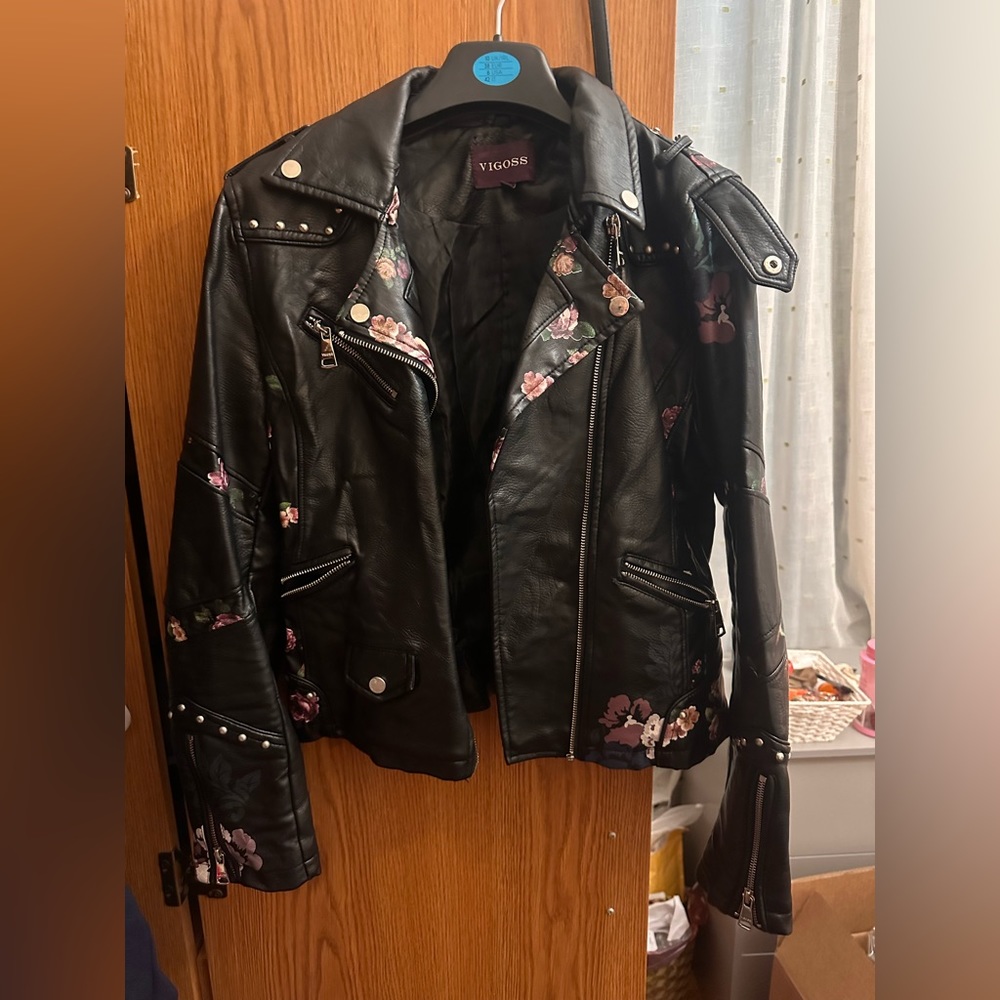 Leather black and floral biker jacket